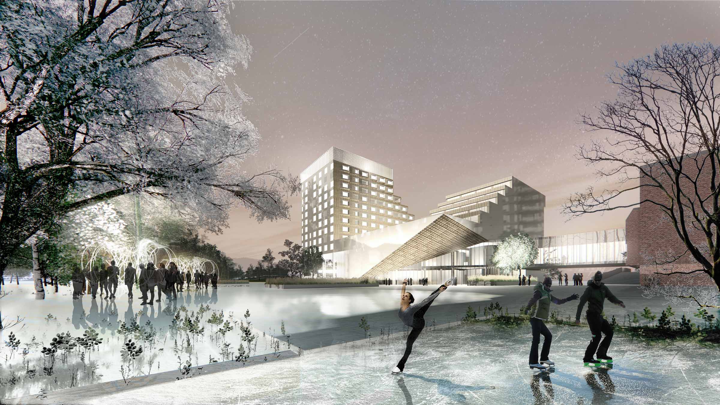 Kuopionlahden arkkitehtuurikilpailu sekä asemakaavan viitesuunnittelu, havainnekuva, ulkosperspektiivi hotelli luistelukentältä.