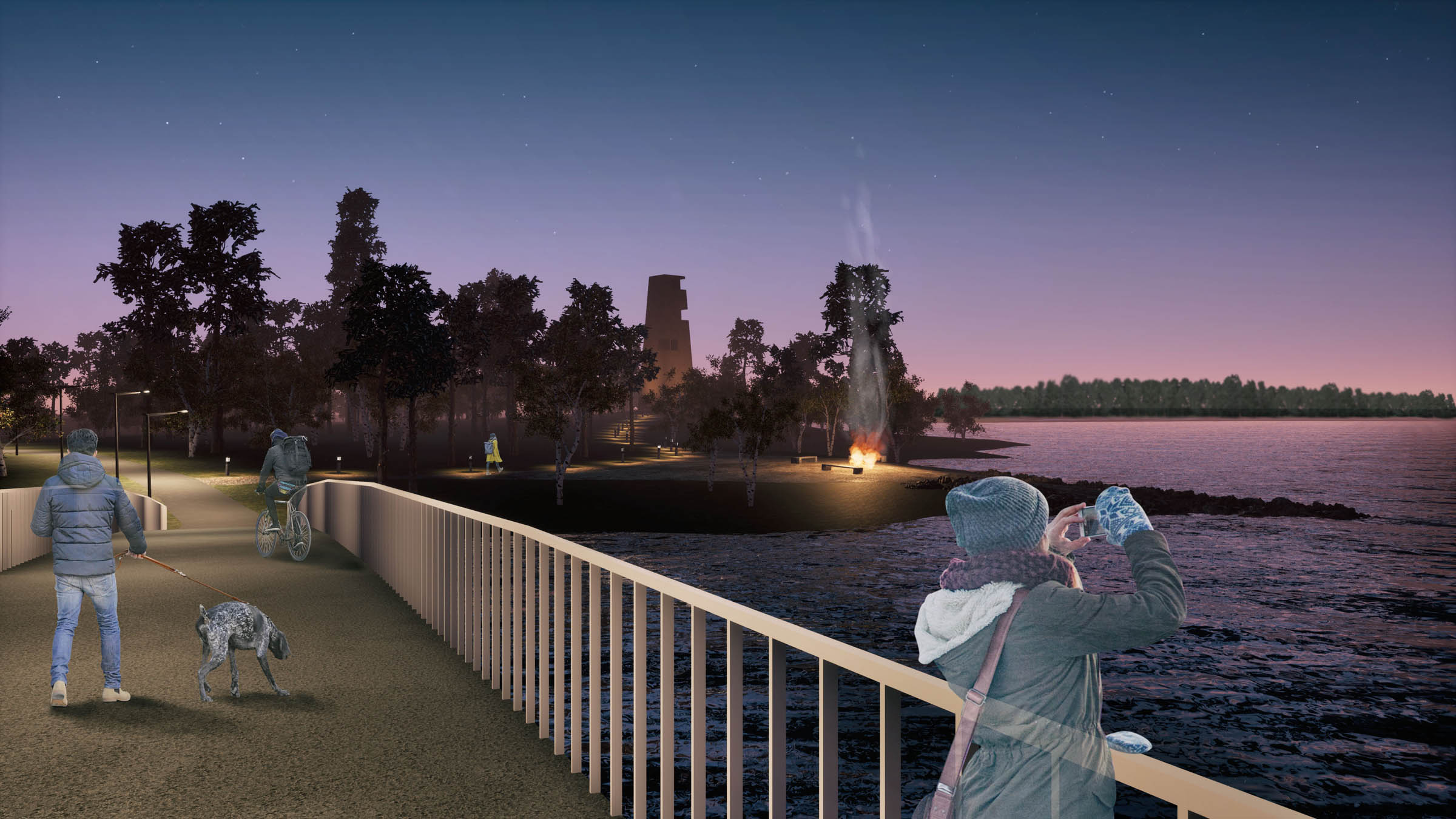 Raahen Pikkulahden asemakaava, havainnekuva sillalta illalla.